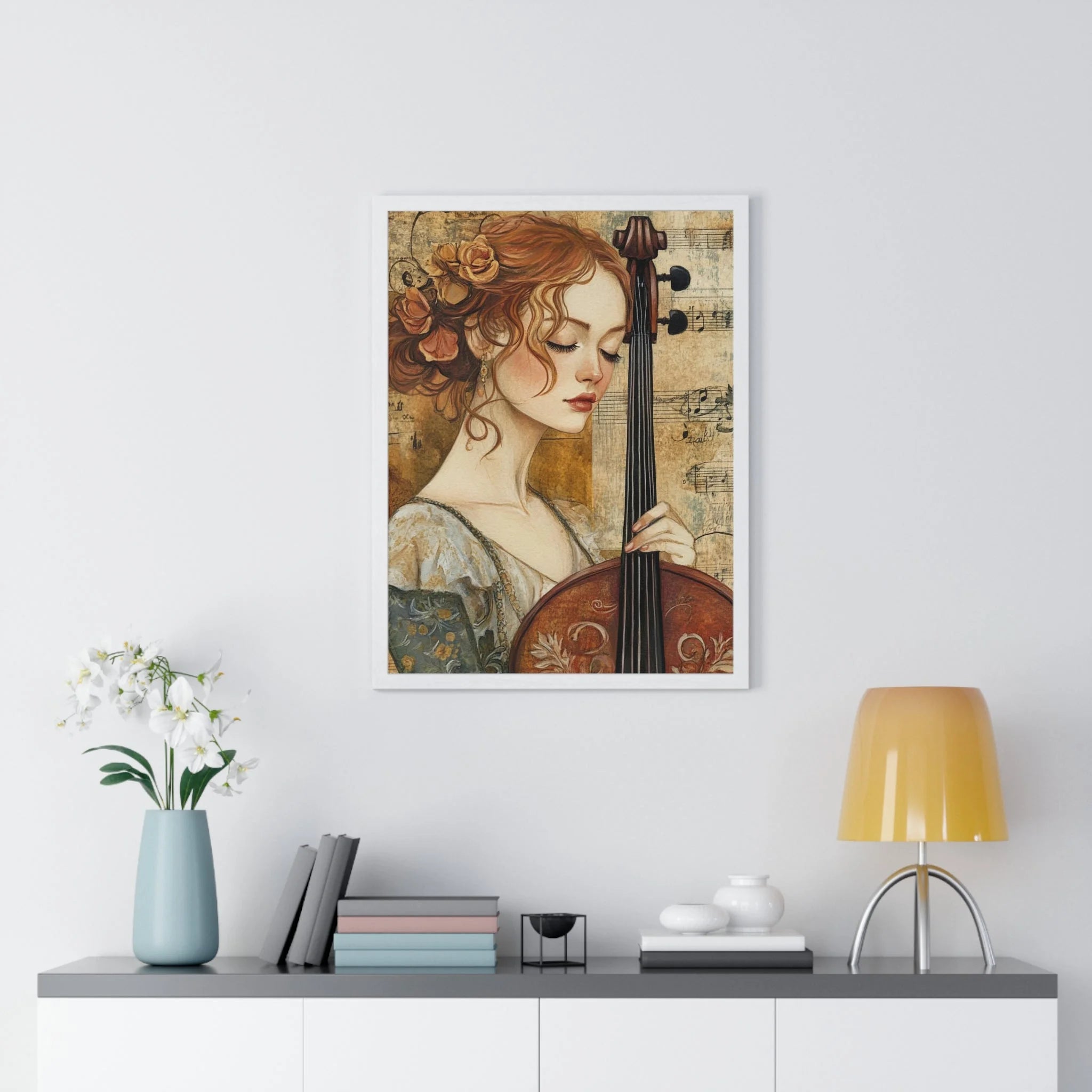 Buy The Best vintage-style cello art print floral By Artsulli x Color Printify - Woman Playing Cello Wood-Framed Poster - 2025