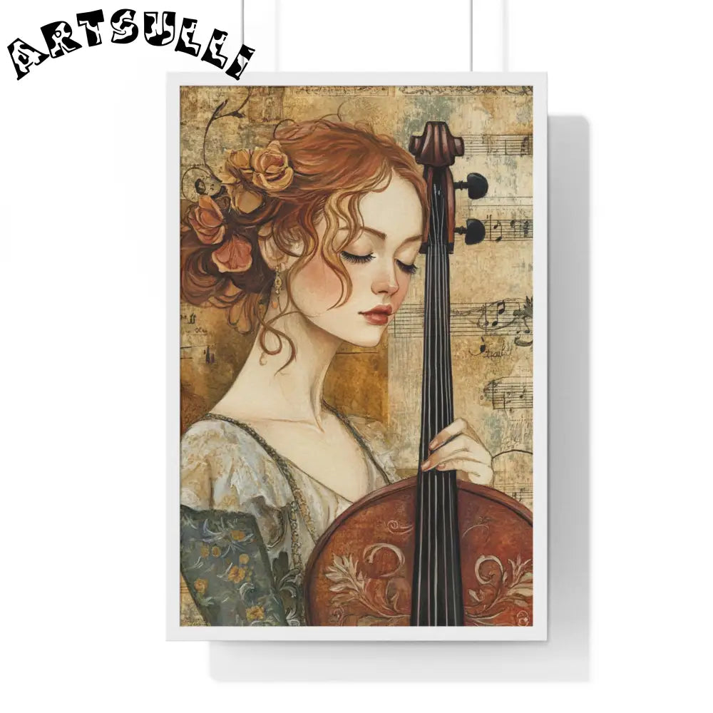Woman Playing Cello Wood-Framed Poster, Artsulli - Art is Long, Life is Short, Poster, Size, 20" x 30", Color, White, , , 36688295194172924439
