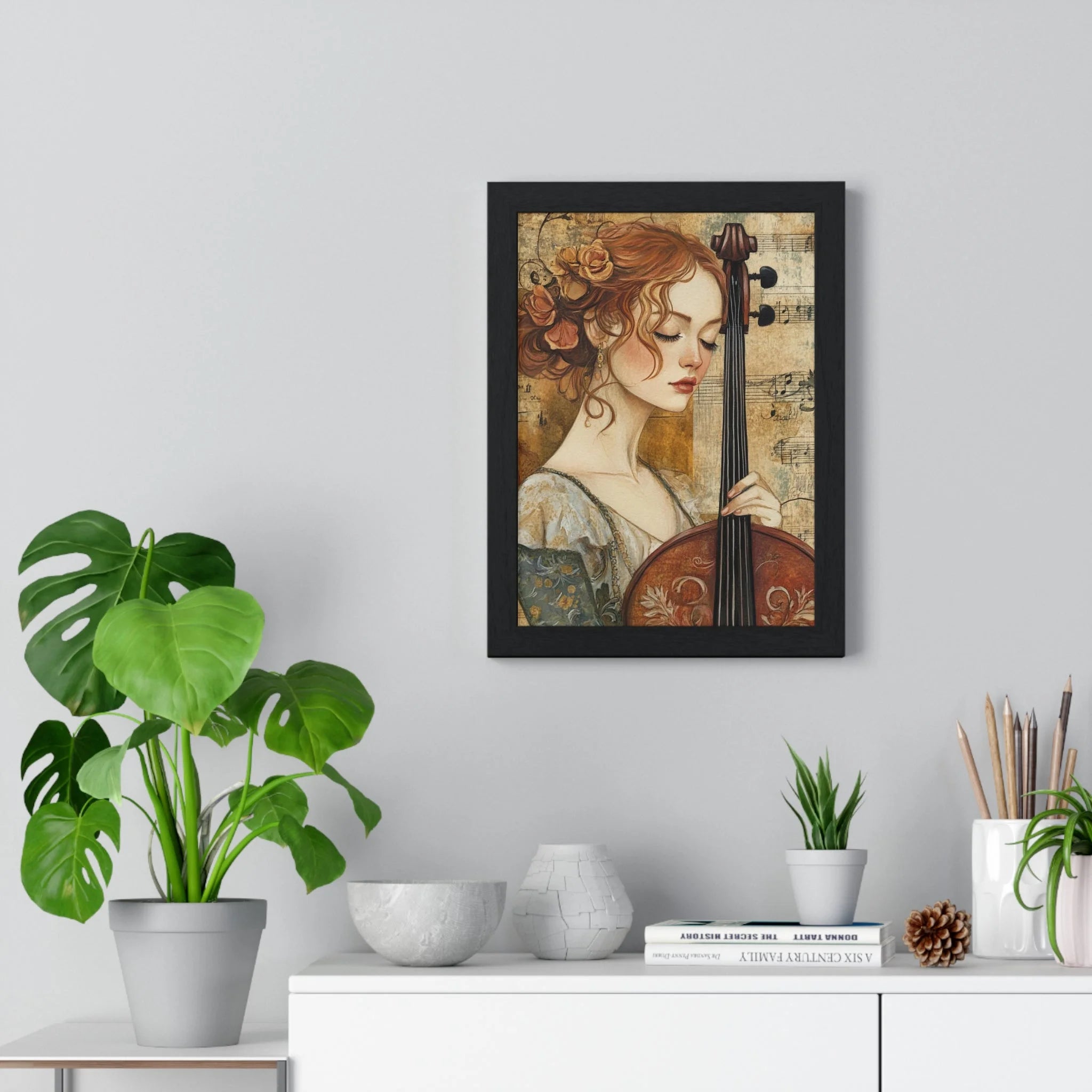 Buy The Best black framed cello art print By Artsulli x Color Printify - Woman Playing Cello Wood-Framed Poster - 2025