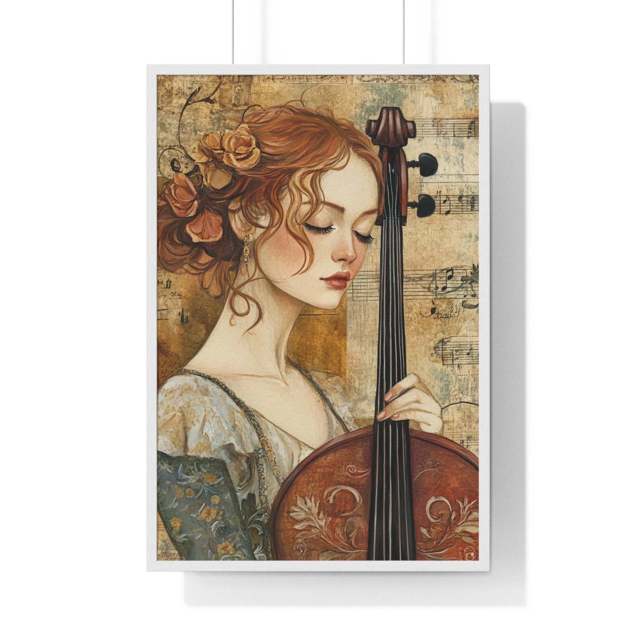Buy The Best vintage cello intricate floral design By Artsulli x Color Printify - Woman Playing Cello Wood-Framed Poster - 2025