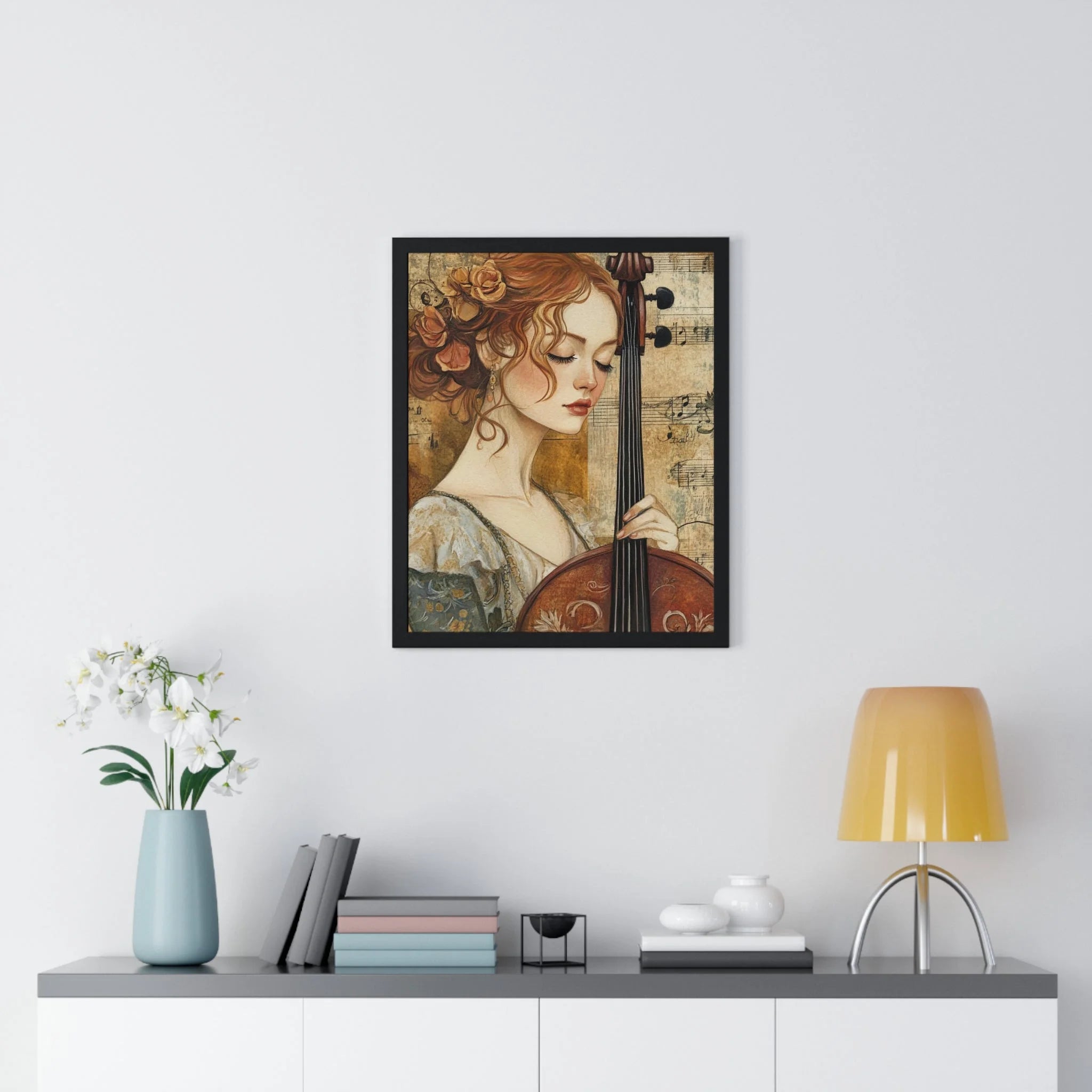 Buy The Best framed artwork woman cello red By Artsulli x Color Printify - Woman Playing Cello Wood-Framed Poster - 2025