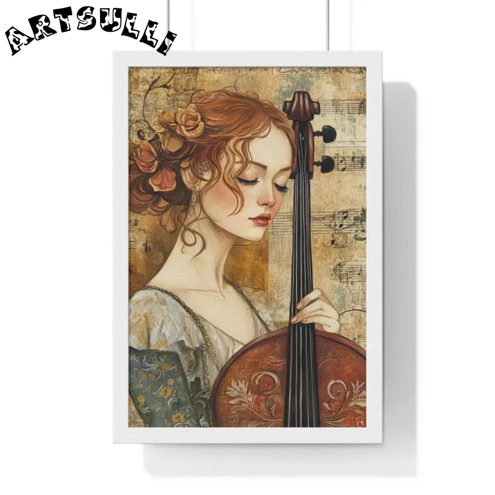 Woman Playing Cello Wood-Framed Poster, Artsulli - Art is Long, Life is Short, Poster, Size, 12″ x 18″, Color, White, , , 19135454507340162234