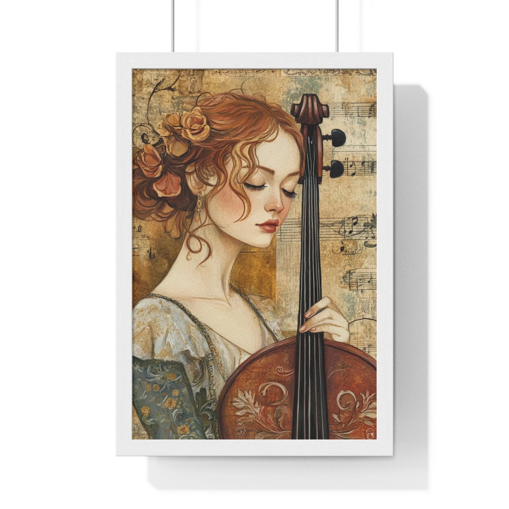 Buy The Best vintage-style cello floral patterns dark By Artsulli x Color Printify - Woman Playing Cello Wood-Framed Poster - 2025