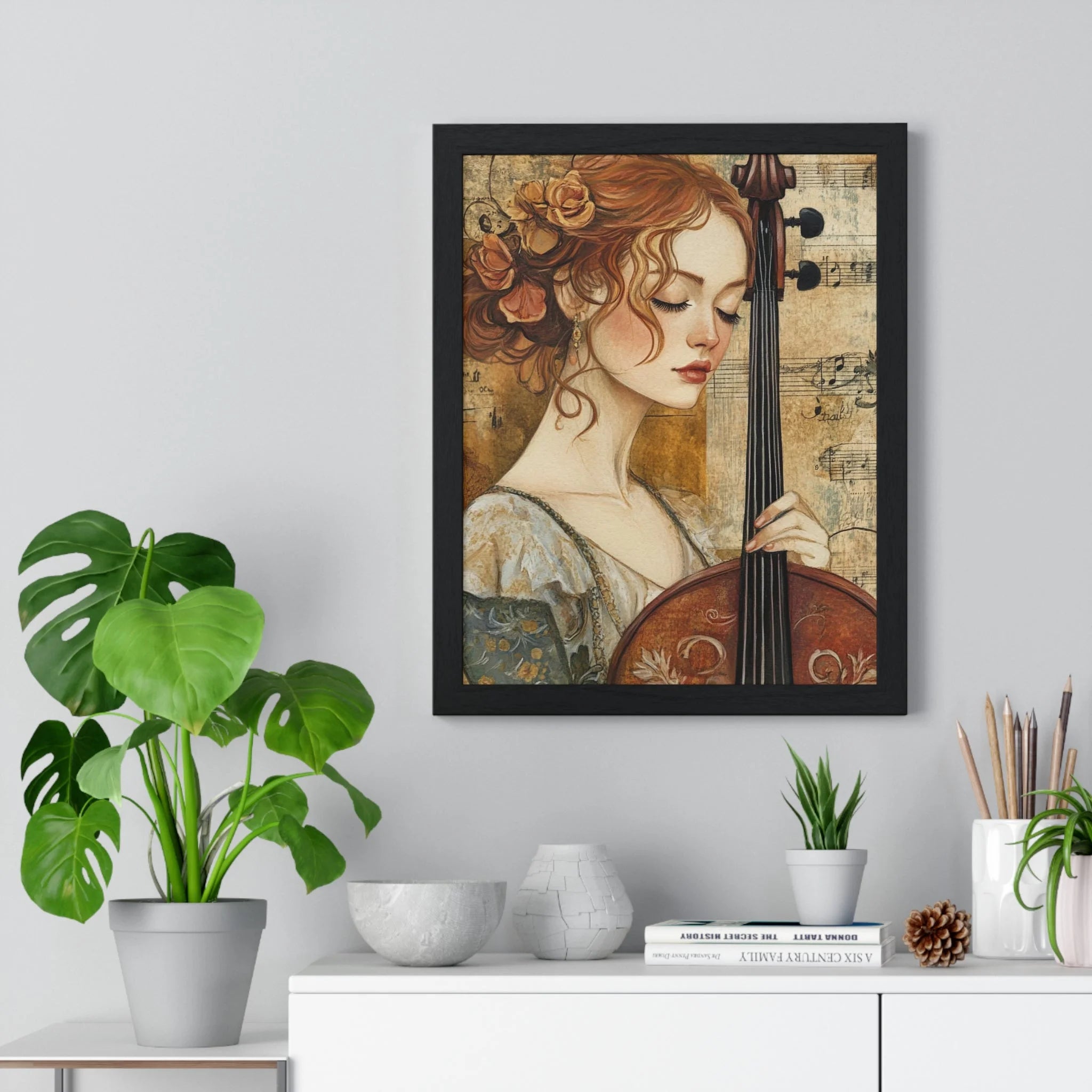 Buy The Best 19th-century-style cello painting intricate vintage By Artsulli x Color Printify - Woman Playing Cello Wood-Framed Poster
