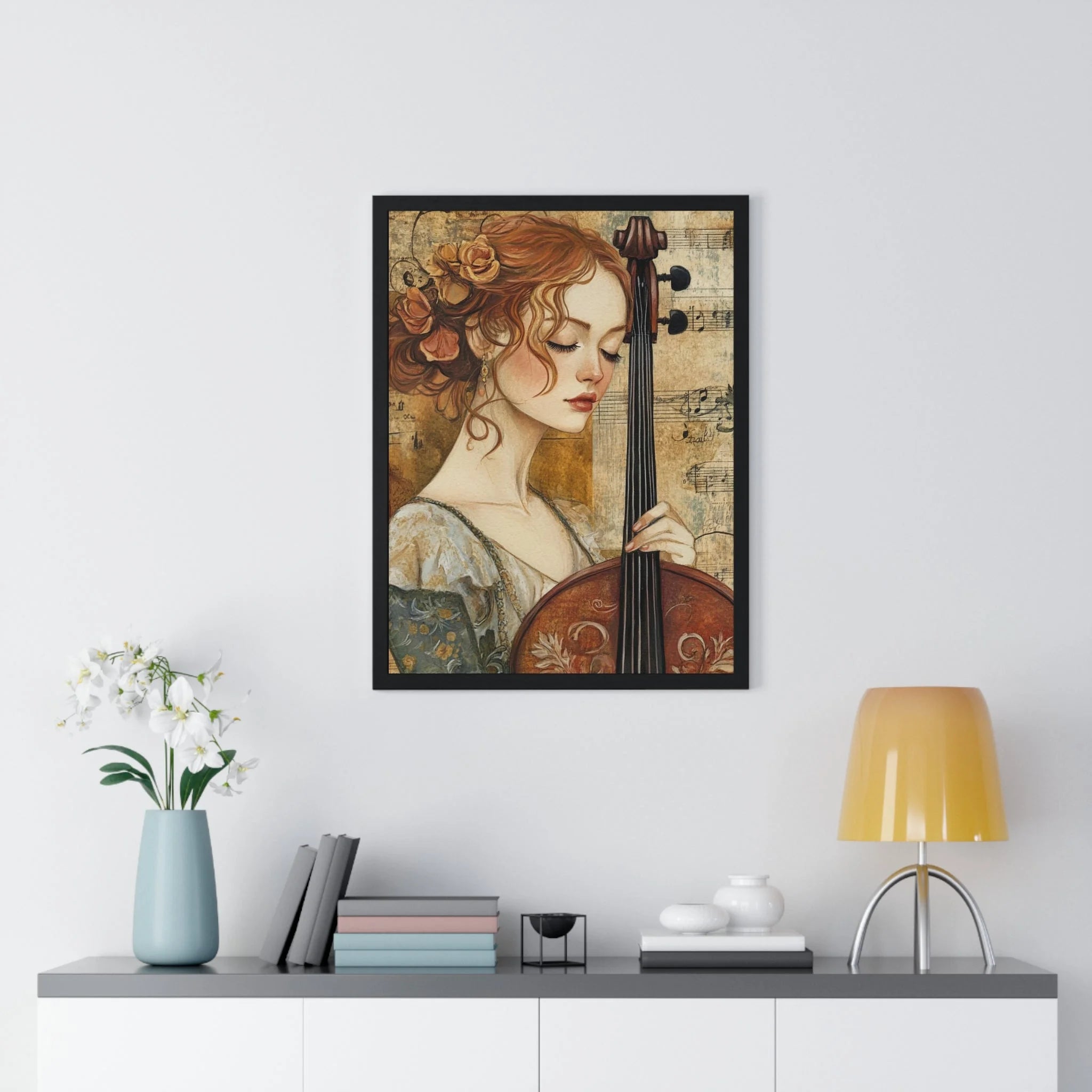 Buy The Best framed artwork woman cello red By Artsulli x Color Printify - Woman Playing Cello Wood-Framed Poster - 2025