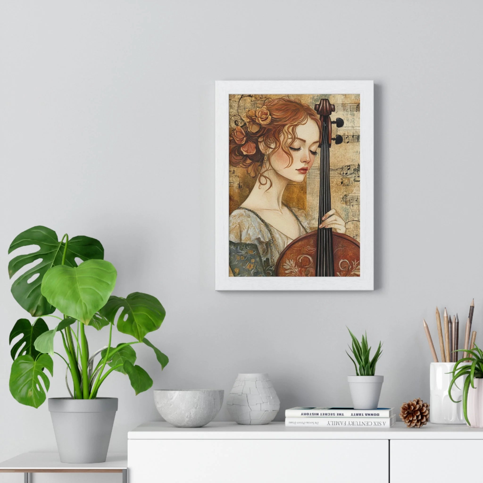 Buy The Best white framed artwork woman cello By Artsulli x Color Printify - Woman Playing Cello Wood-Framed Poster - 2025