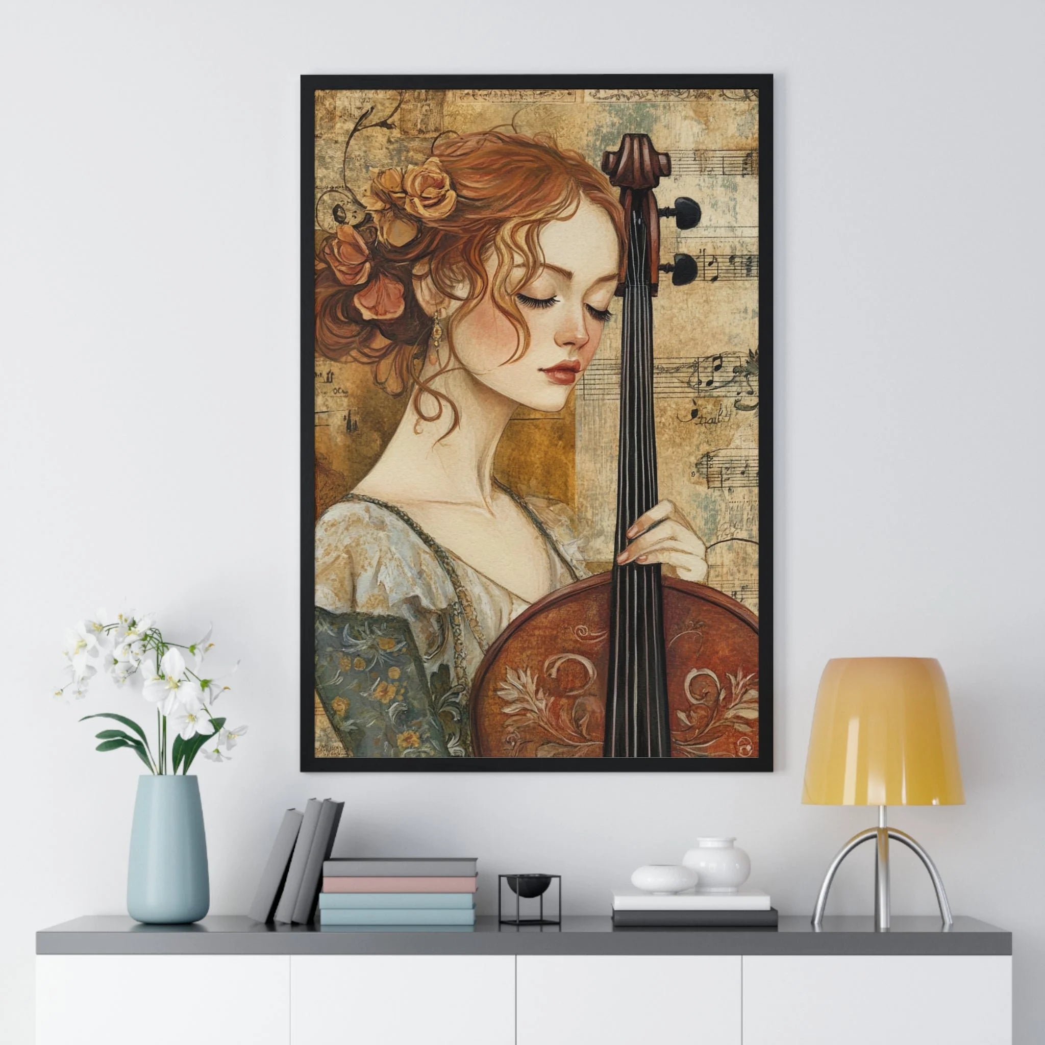 Buy The Best vintage-style cello art print floral By Artsulli x Color Printify - Woman Playing Cello Wood-Framed Poster - 2025