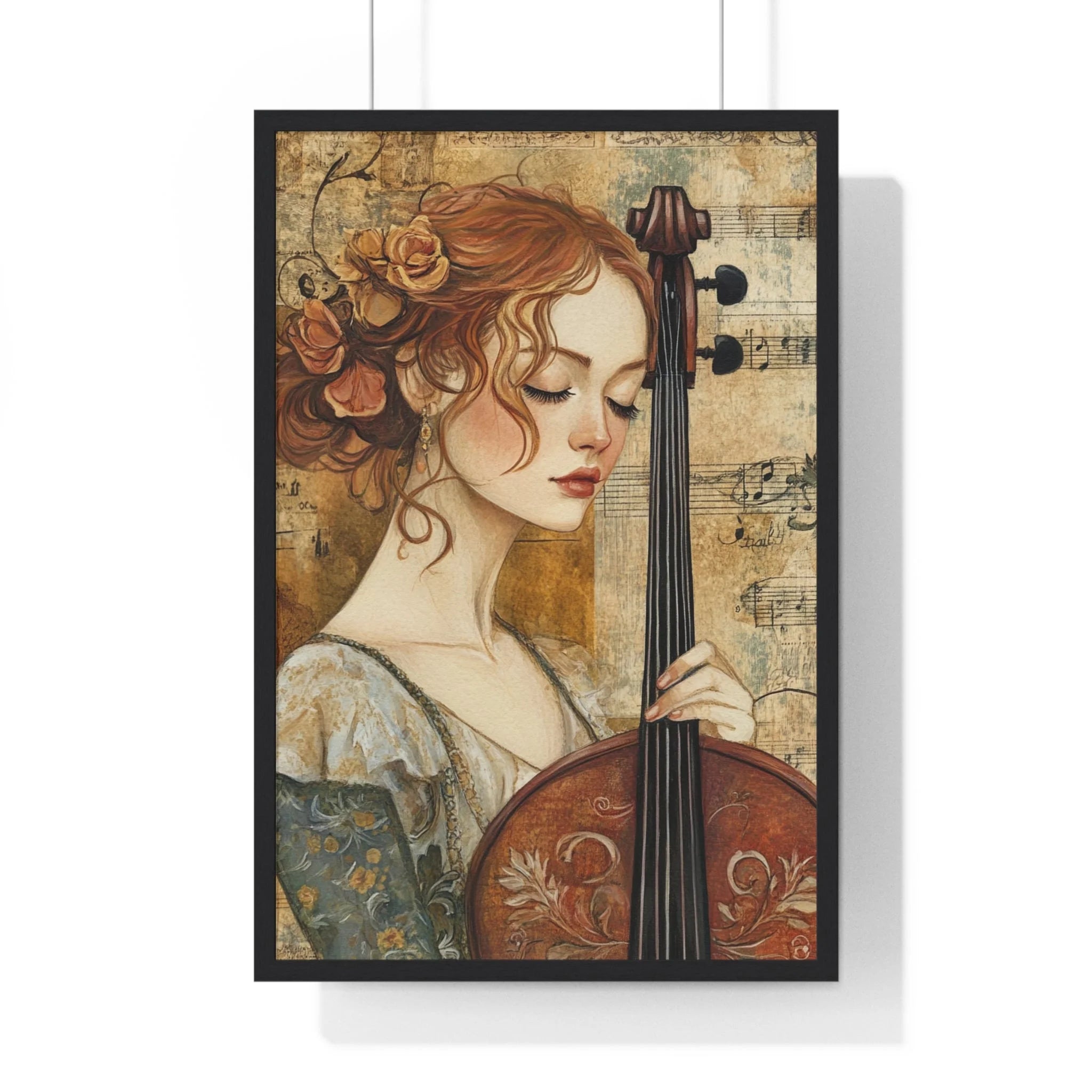 Buy The Best framed poster painting woman auburn By Artsulli x Color Printify - Woman Playing Cello Wood-Framed Poster - 2025