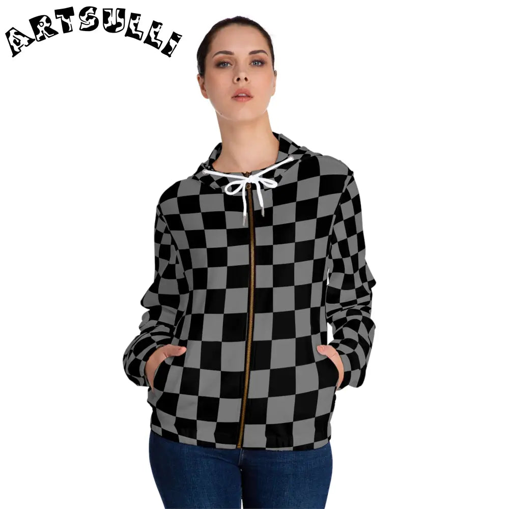 Women's Checkerboard Zip Hoodie, Artsulli - Art is Long, Life is Short, All Over Prints, , , , , , , 