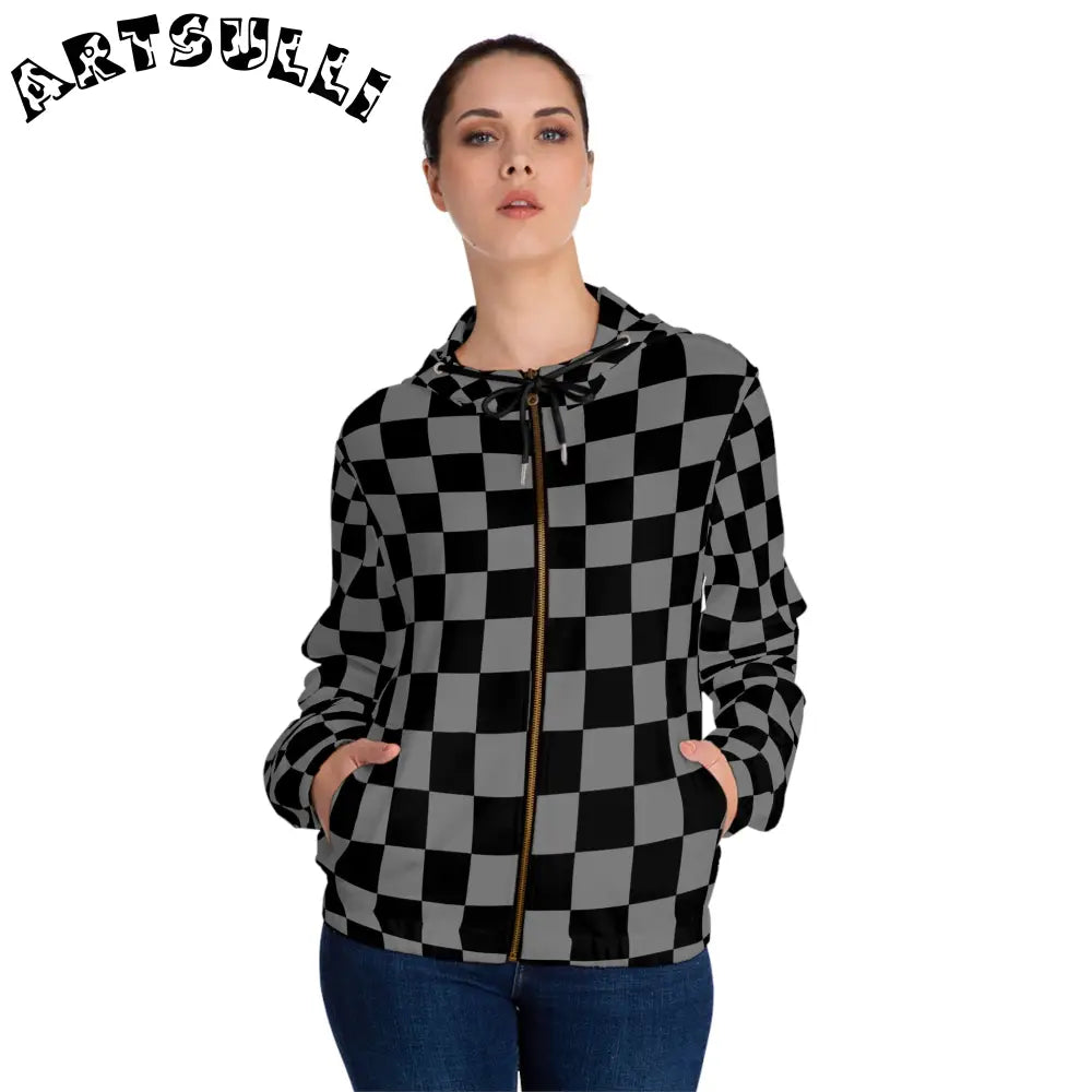 Women's Checkerboard Zip Hoodie, Artsulli - Art is Long, Life is Short, All Over Prints, , , , , , , 