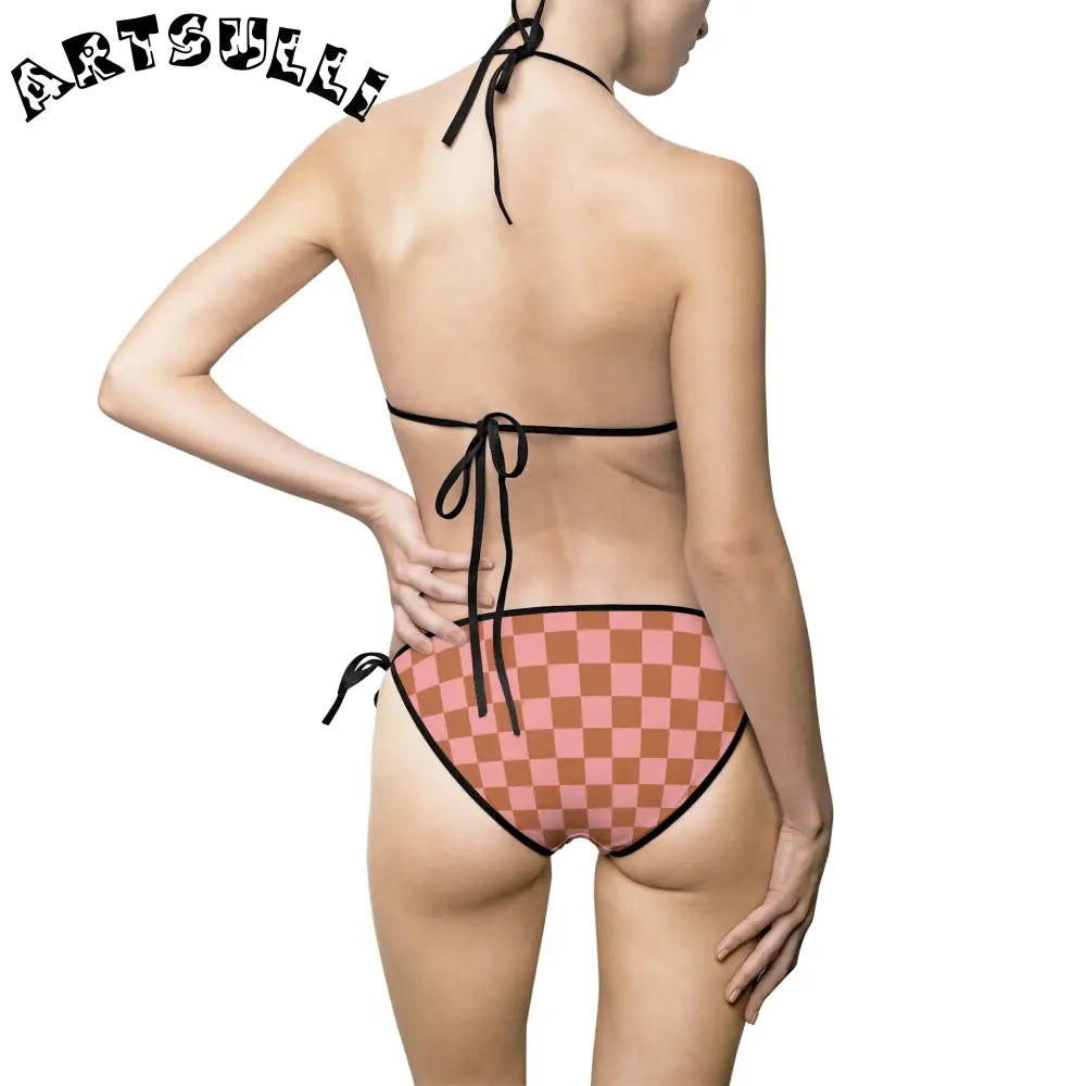 Womens Checkered Halter Bikini Swimsuit, Artsulli - Art is Long, Life is Short, All Over Prints, , , , , , , 