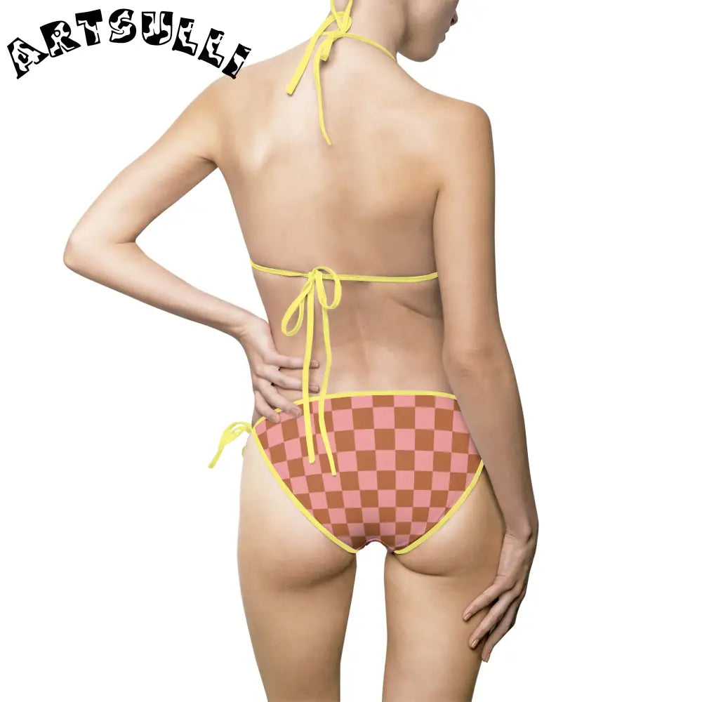 Womens Checkered Halter Bikini Swimsuit, Artsulli - Art is Long, Life is Short, All Over Prints, , , , , , , 