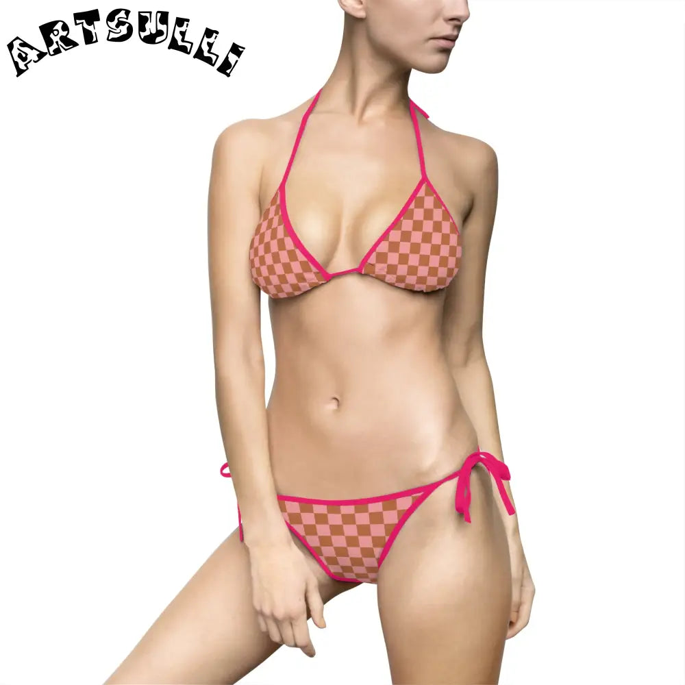 Womens Checkered Halter Bikini Swimsuit, Artsulli - Art is Long, Life is Short, All Over Prints, Size, S, Color, Pink, , , 21867336782438613159