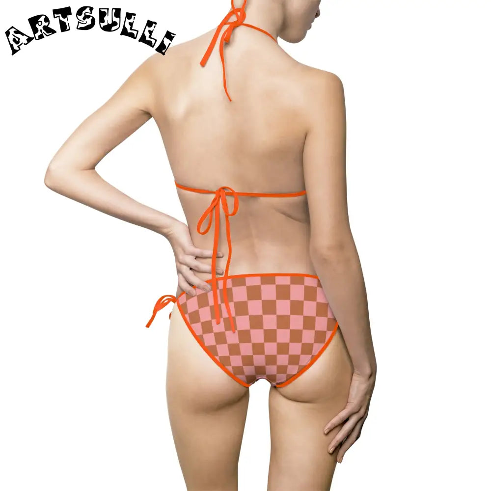 Womens Checkered Halter Bikini Swimsuit, Artsulli - Art is Long, Life is Short, All Over Prints, , , , , , , 