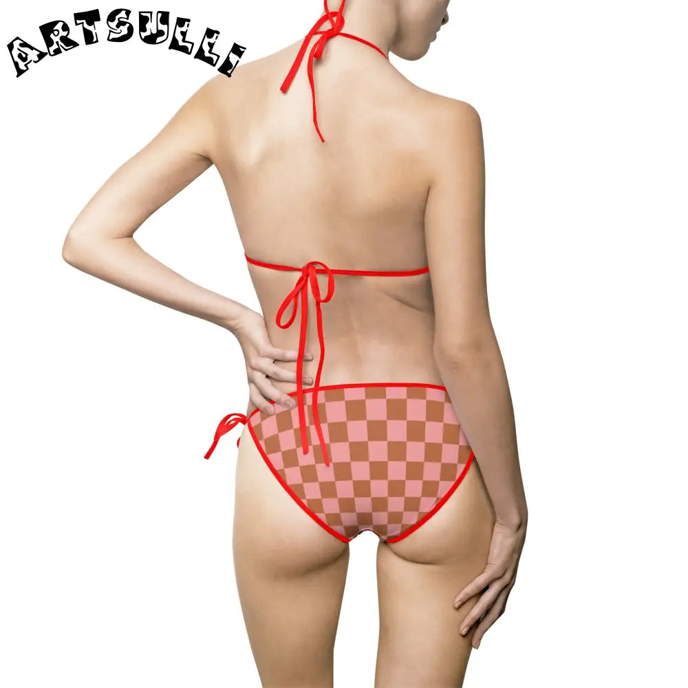 Womens Checkered Halter Bikini Swimsuit, Artsulli - Art is Long, Life is Short, All Over Prints, , , , , , , 