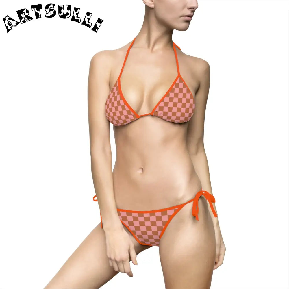 Womens Checkered Halter Bikini Swimsuit, Artsulli - Art is Long, Life is Short, All Over Prints, Size, S, Color, Orange, , , 11779587990783913990
