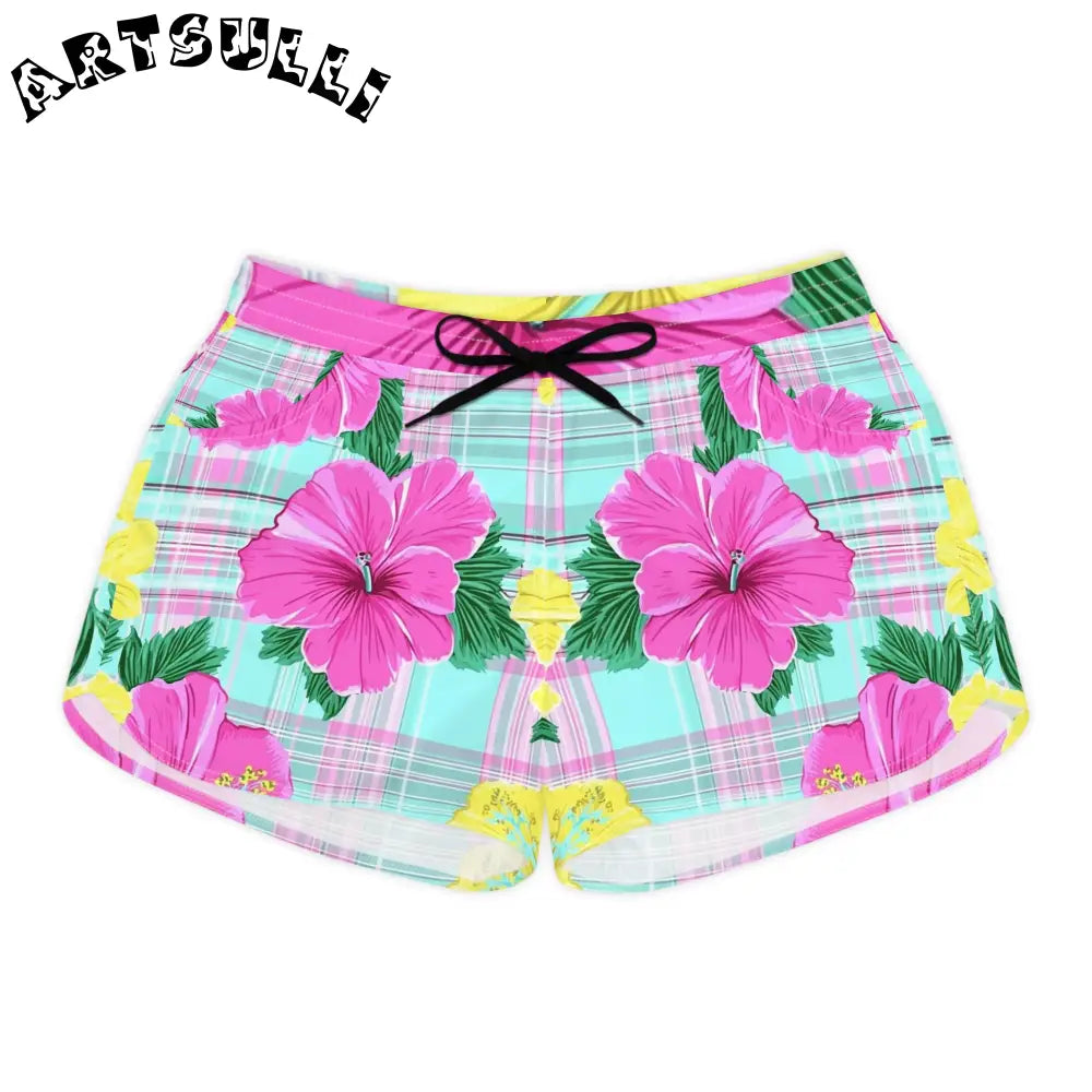 Womens Floral Plaid Print Athletic Shorts, Artsulli - Art is Long, Life is Short, All Over Prints, Size, S, Color, Black drawstring, , , 14145252897685557209