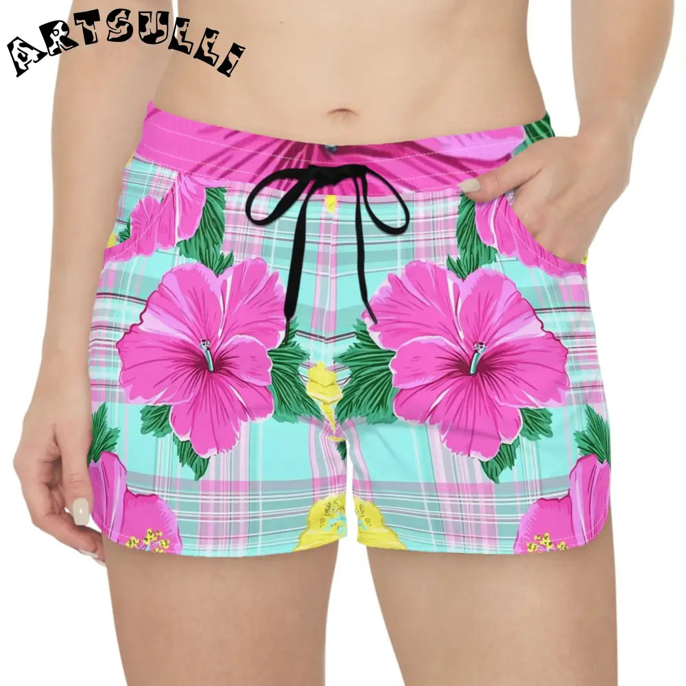 Womens Floral Plaid Print Athletic Shorts, Artsulli - Art is Long, Life is Short, All Over Prints, , , , , , , 