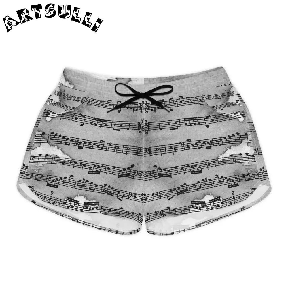 Women's Gray Musical Note Shorts, Artsulli - Art is Long, Life is Short, All Over Prints, Size, S, Color, Black drawstring, , , 19690245068618431636
