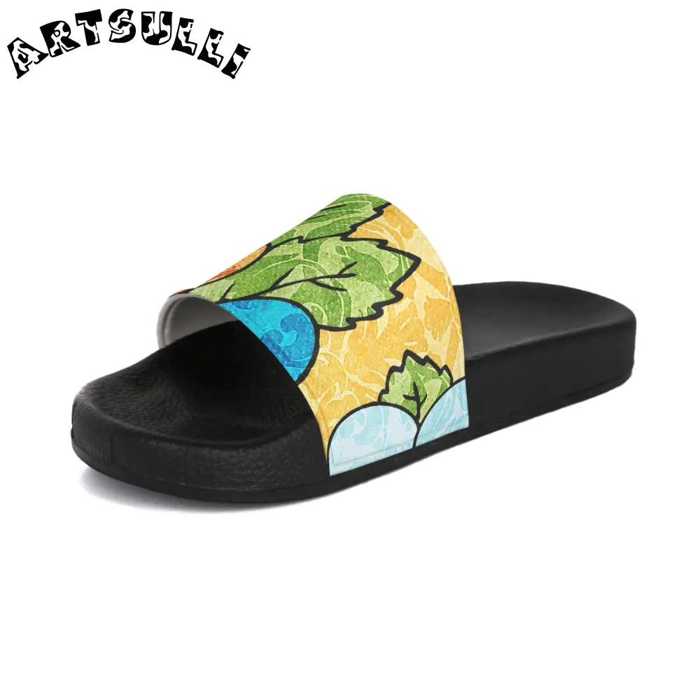 Women's Groovy Yellow Floral Slide Sandals, Artsulli - Art is Long, Life is Short, Shoes, , , , , , , 