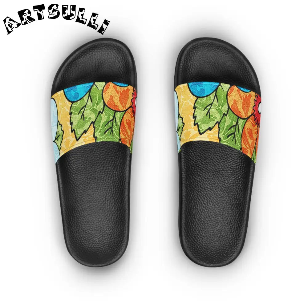Women's Groovy Yellow Floral Slide Sandals, Artsulli - Art is Long, Life is Short, Shoes, , , , , , , 