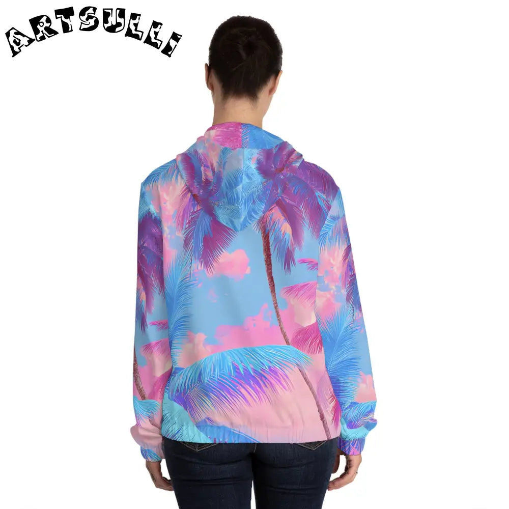 Women's Palm Tree Illustration Printed Zip Hoodie, Artsulli - Art is Long, Life is Short, All Over Prints, , , , , , , 
