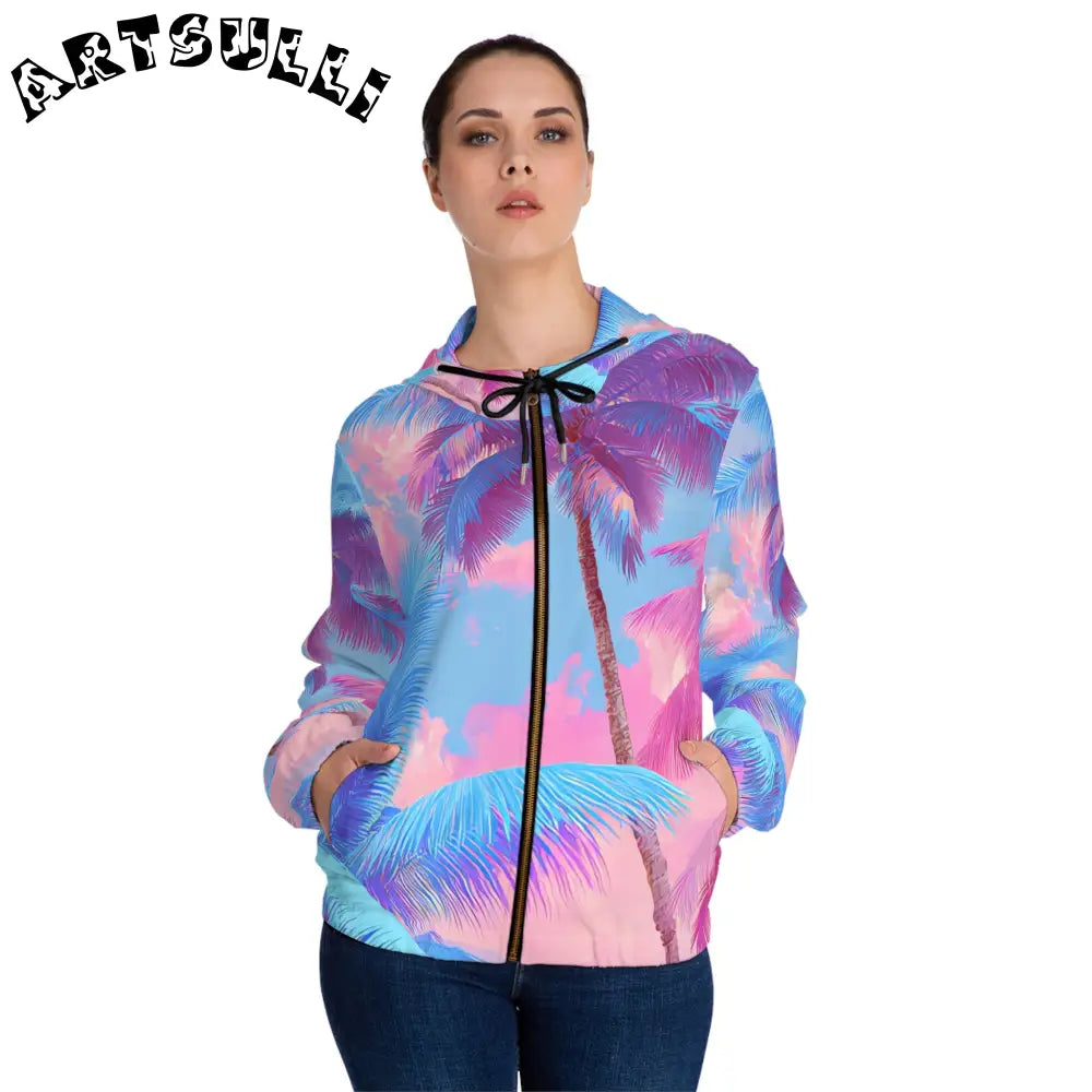 Women's Palm Tree Illustration Printed Zip Hoodie, Artsulli - Art is Long, Life is Short, All Over Prints, , , , , , , 