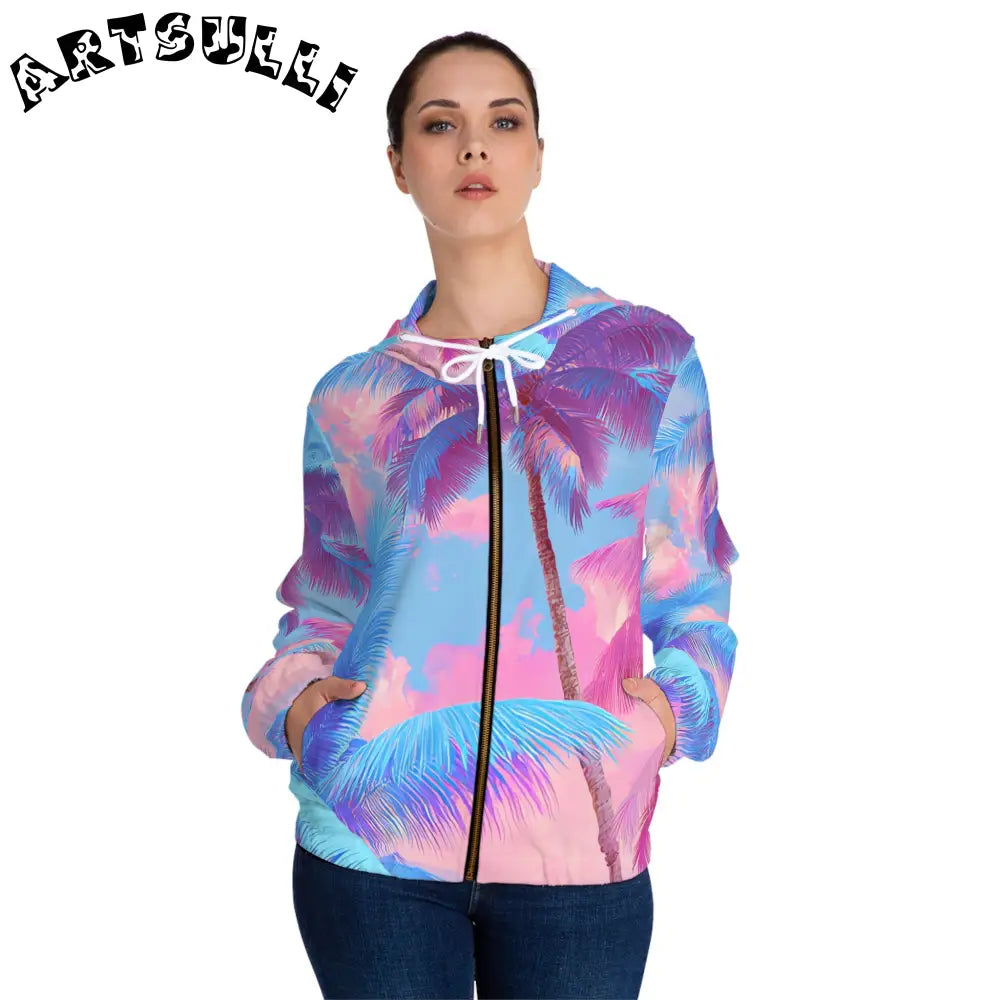 Women's Palm Tree Illustration Printed Zip Hoodie, Artsulli - Art is Long, Life is Short, All Over Prints, , , , , , , 