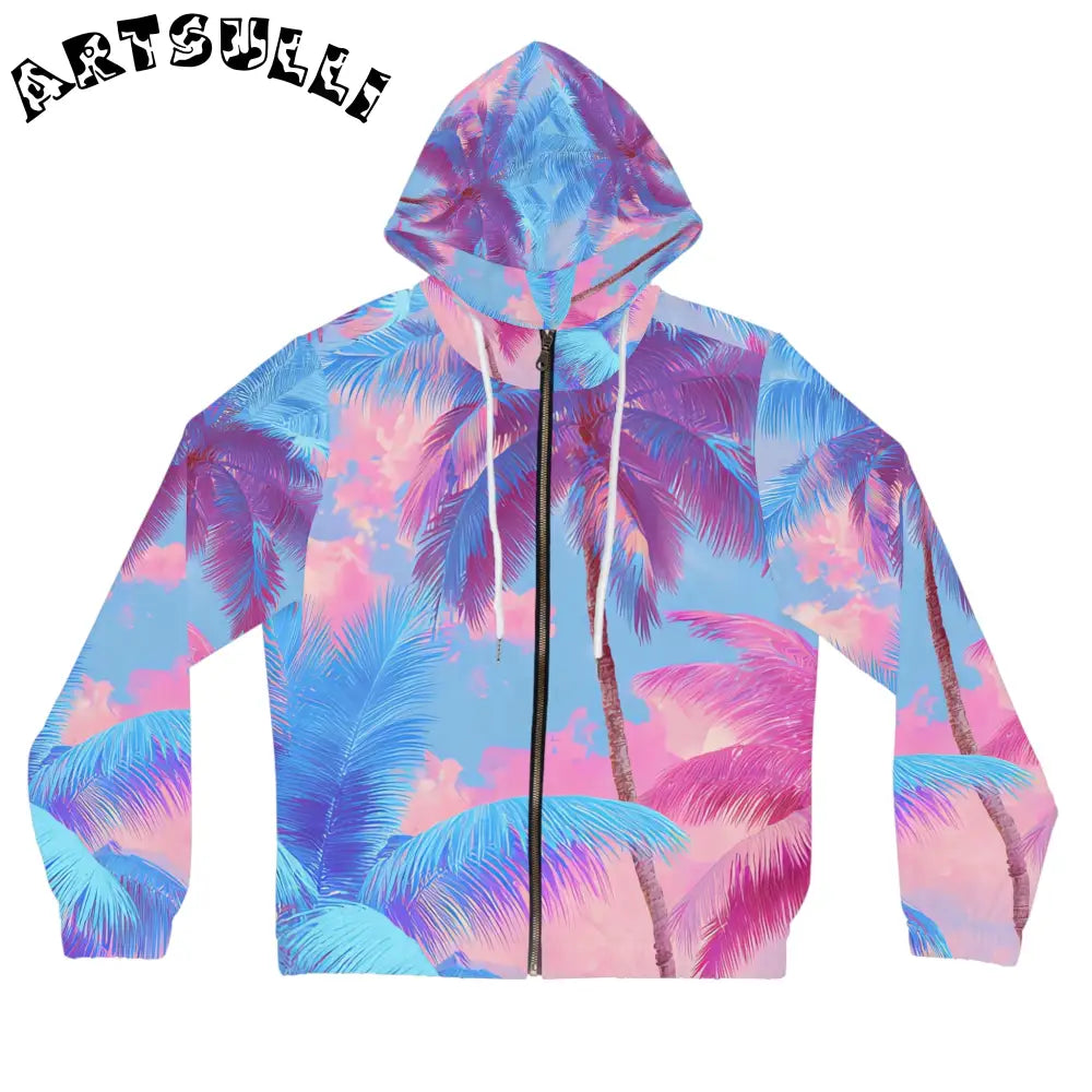 Women's Palm Tree Illustration Printed Zip Hoodie, Artsulli - Art is Long, Life is Short, All Over Prints, Size, XS, Color, White, , , 10192709511915251779