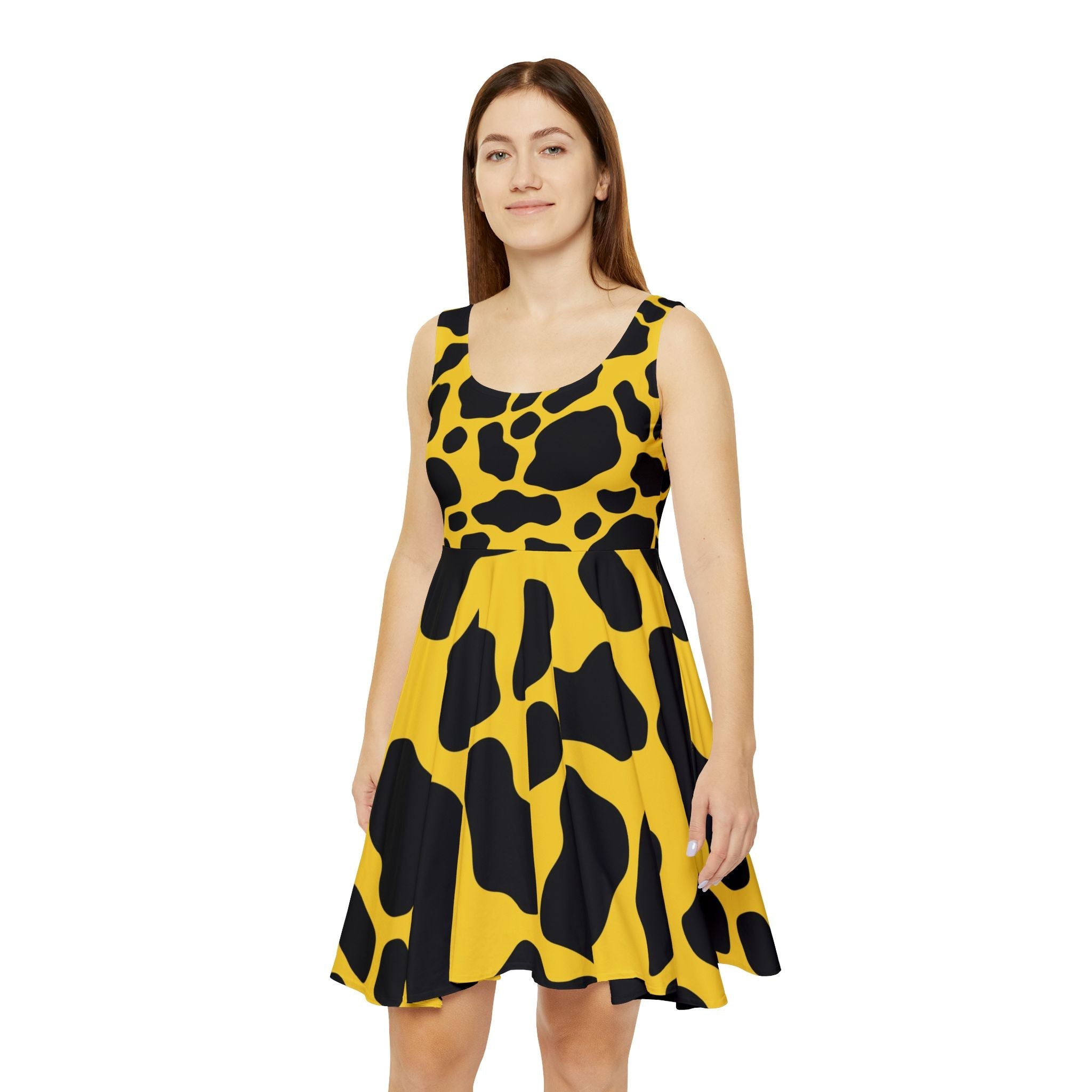 Printify Yellow and Black Cow Print Skater Dress 2025