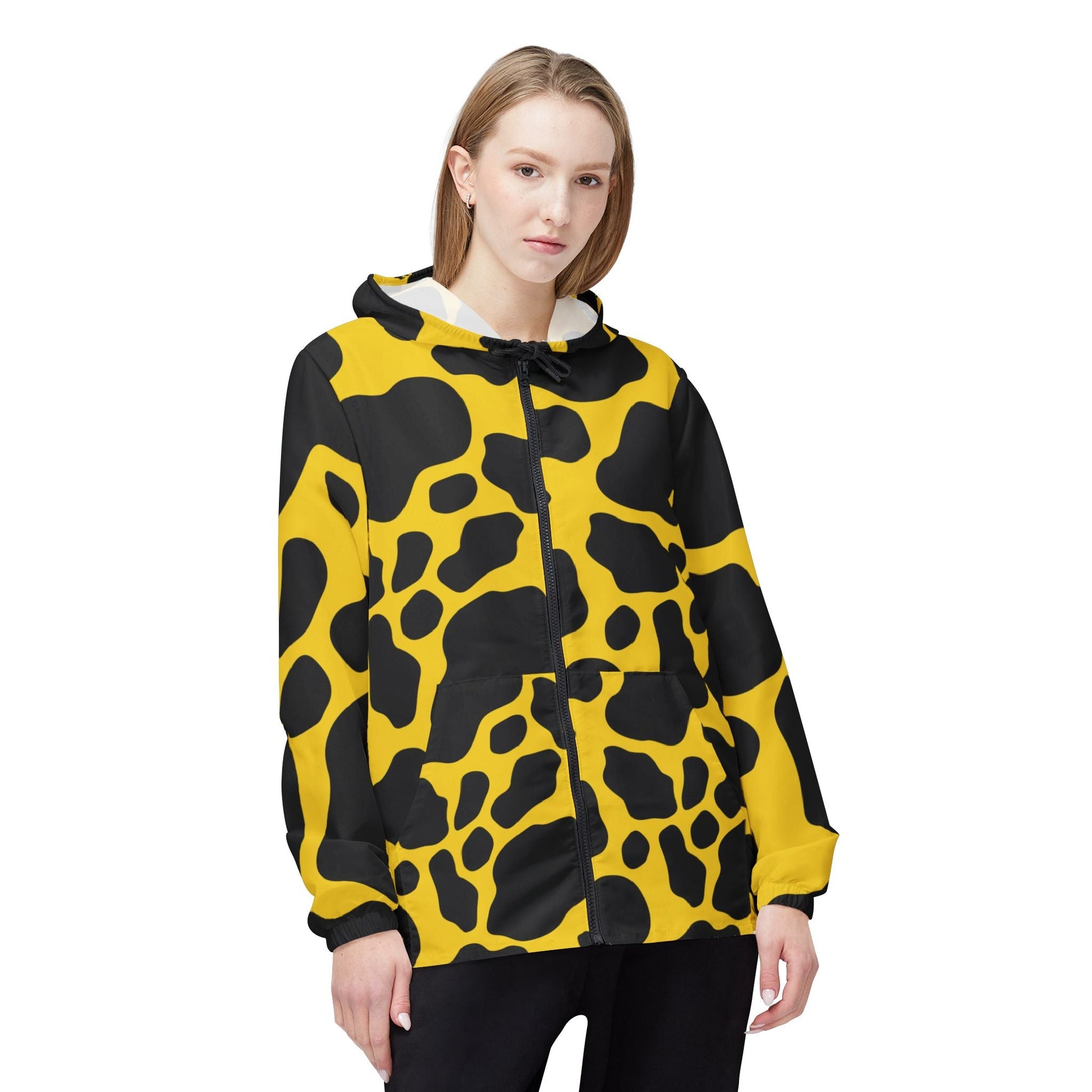 Yellow and Black Cow Print Windbreaker Jacket, Artsulli - Art is Long, Life is Short, Outerwear, , , , , , , 