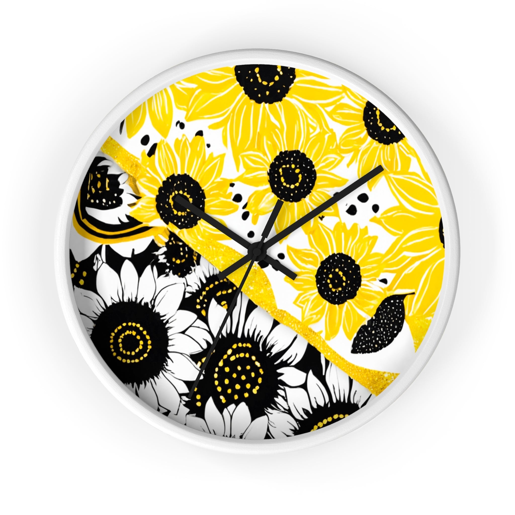 Yellow and Black Split Sunflower Wall Clock, Artsulli - Art is Long, Life is Short, Home Decor, Color, White Base, Hands, Black, Size, 10", 22020673014970988184