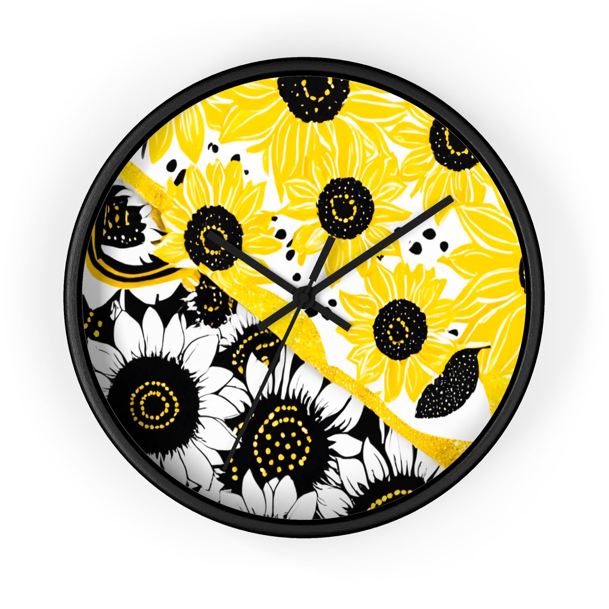 Yellow and Black Split Sunflower Wall Clock, Artsulli - Art is Long, Life is Short, Home Decor, Color, Black Base, Hands, Black, Size, 10", 25316609315395852745