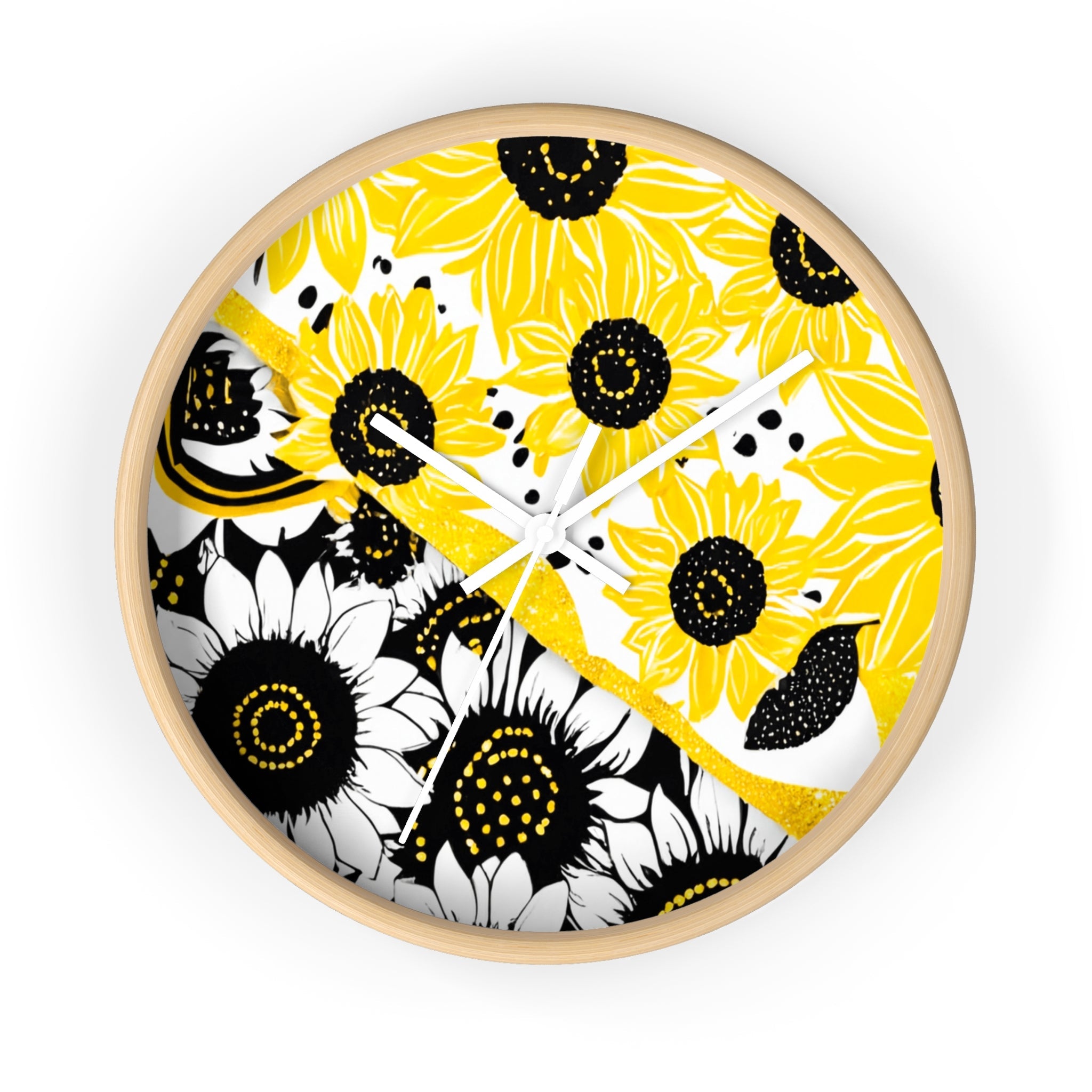 Yellow and Black Split Sunflower Wall Clock, Artsulli - Art is Long, Life is Short, Home Decor, Color, Wooden Base, Hands, White, Size, 10", 24584332050793385400