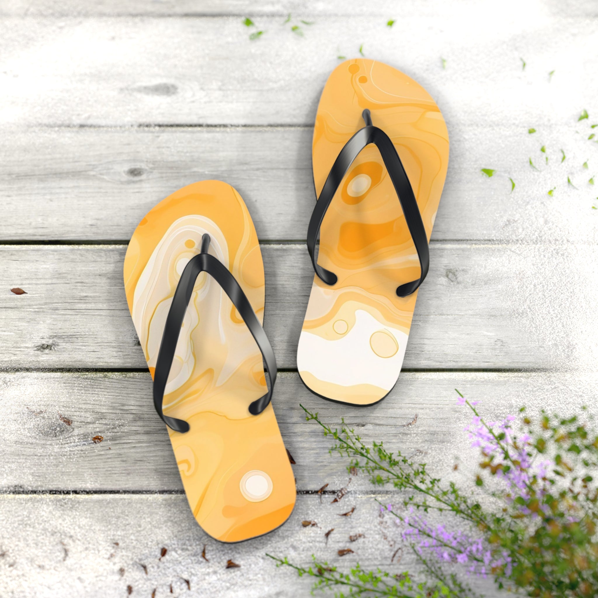 Yellow and White Abstract Swirl Flip Flops, Artsulli - Art is Long, Life is Short, Shoes, , , , , , , 