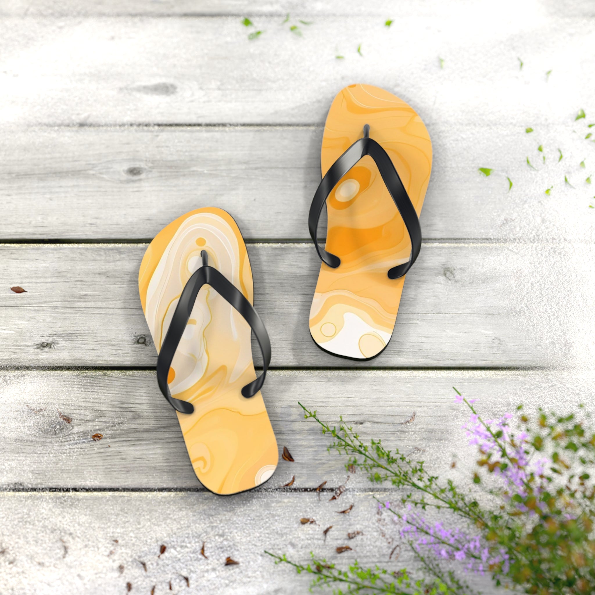 Yellow and White Abstract Swirl Flip Flops, Artsulli - Art is Long, Life is Short, Shoes, , , , , , , 