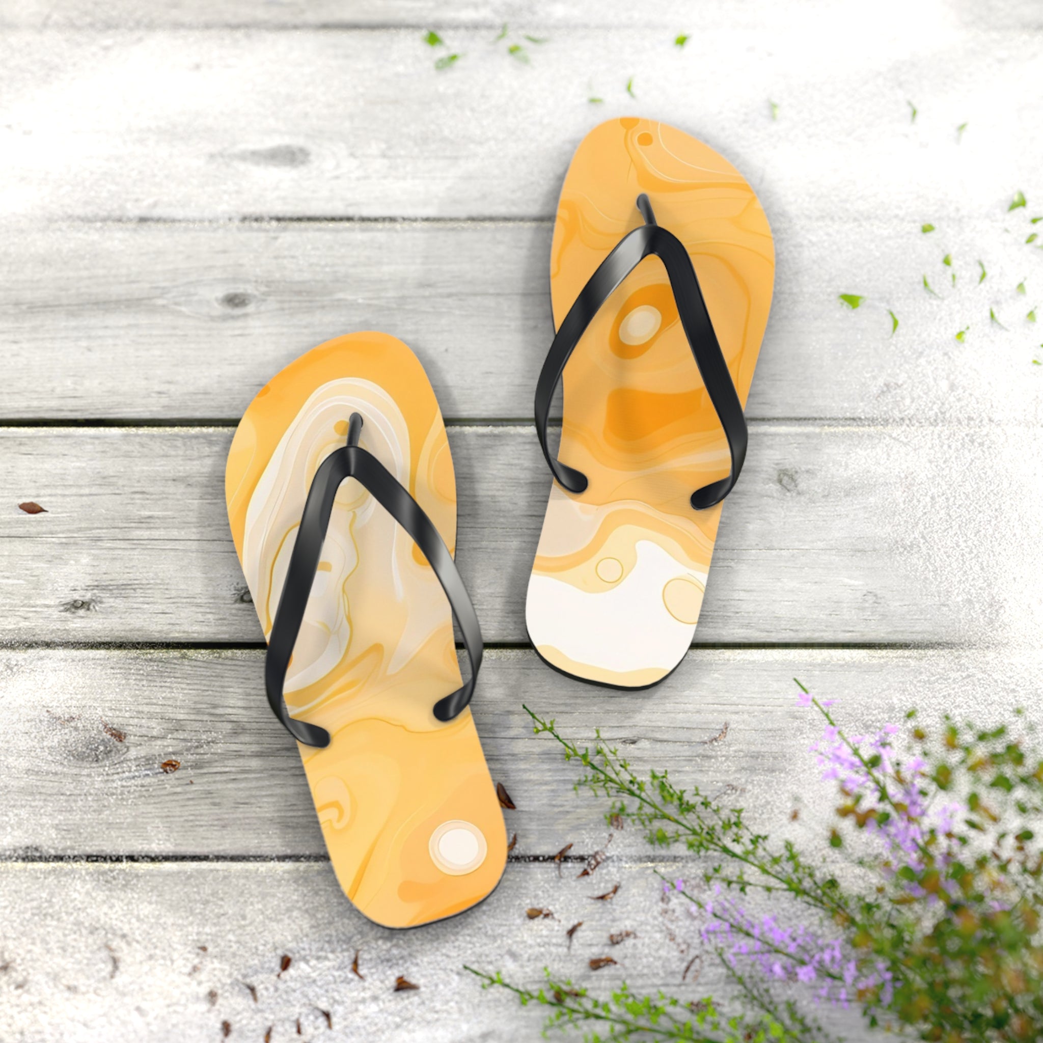 Yellow and White Abstract Swirl Flip Flops, Artsulli - Art is Long, Life is Short, Shoes, , , , , , , 
