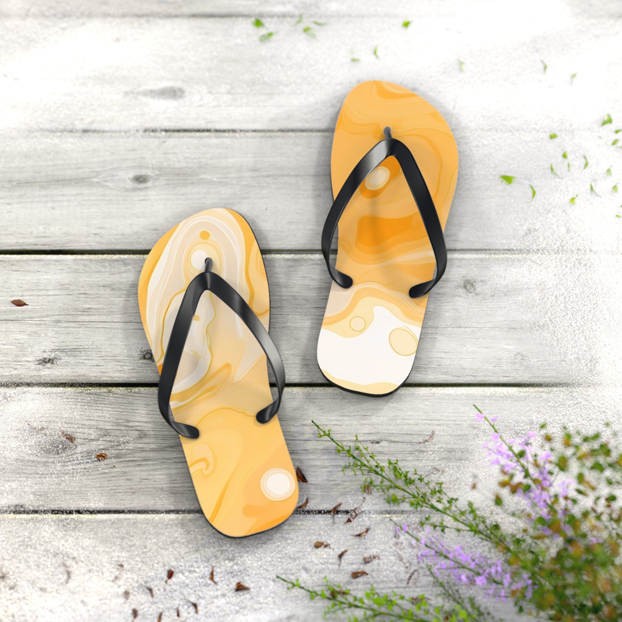 Yellow and White Abstract Swirl Flip Flops, Artsulli - Art is Long, Life is Short, Shoes, , , , , , , 