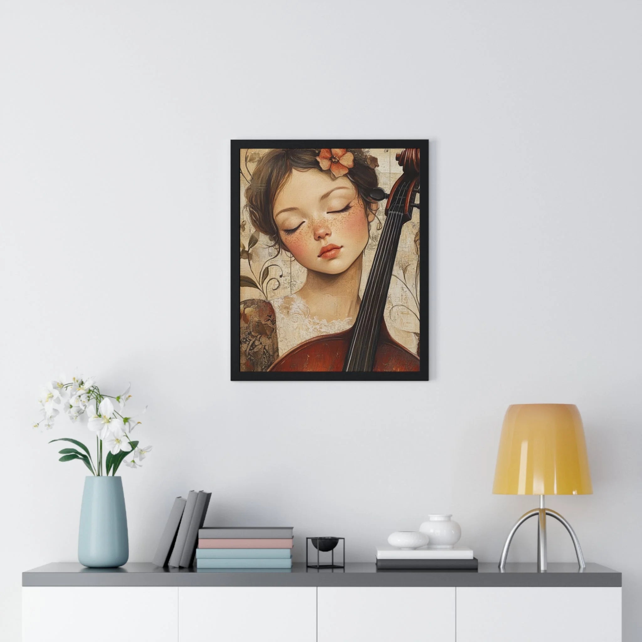 Buy The Best black framed portrait girl cello By Artsulli x Color Printify - Young Cellist Framed Art Print - 2025