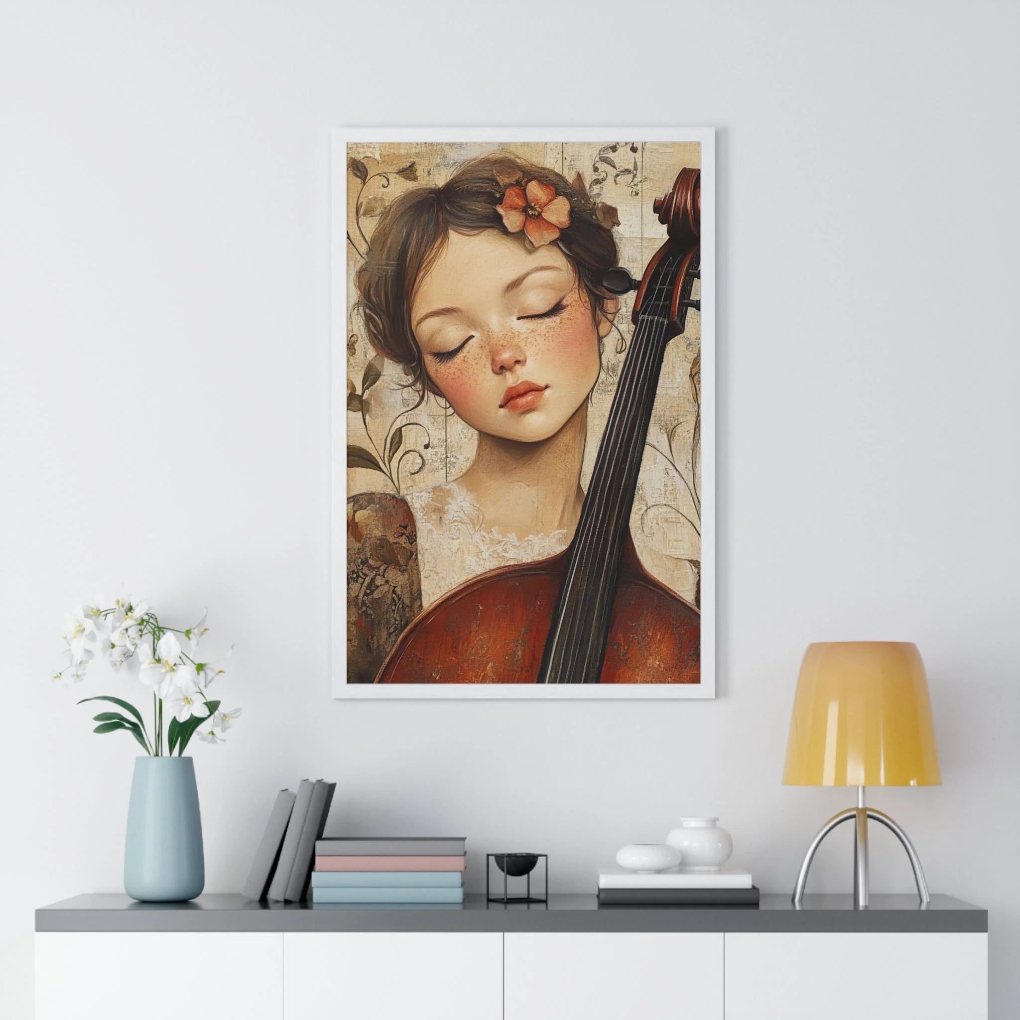 Buy The Best white framed cello portrait soft By Artsulli x Color Printify - Young Cellist Framed Art Print - 2025