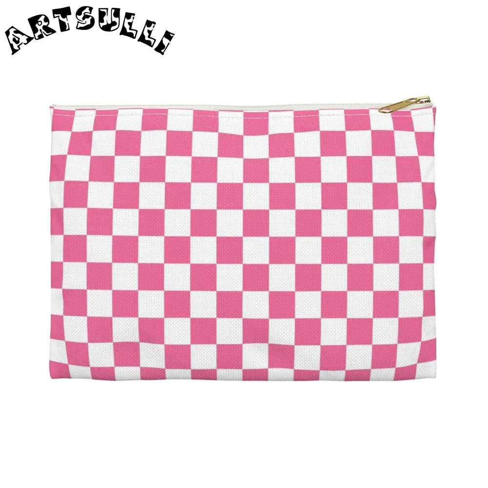 Yuyushiki Pink Check Accessory Pouch, Artsulli - Art is Long, Life is Short, Bags, Size, Small, Color, White zipper, , , 17965306114863361994