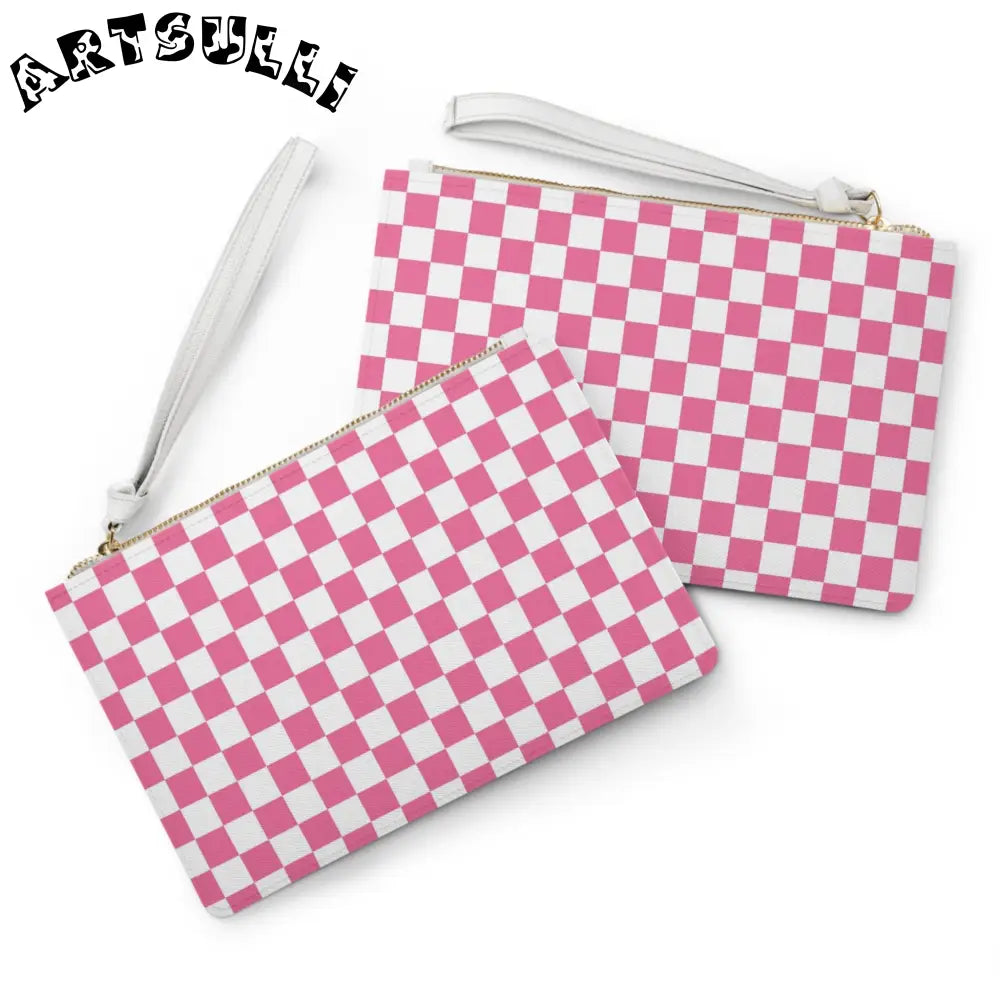 JAKKOUTTHEBXX Pink Checkered Clutch Bag with Saffiano Illustration Finish 2025