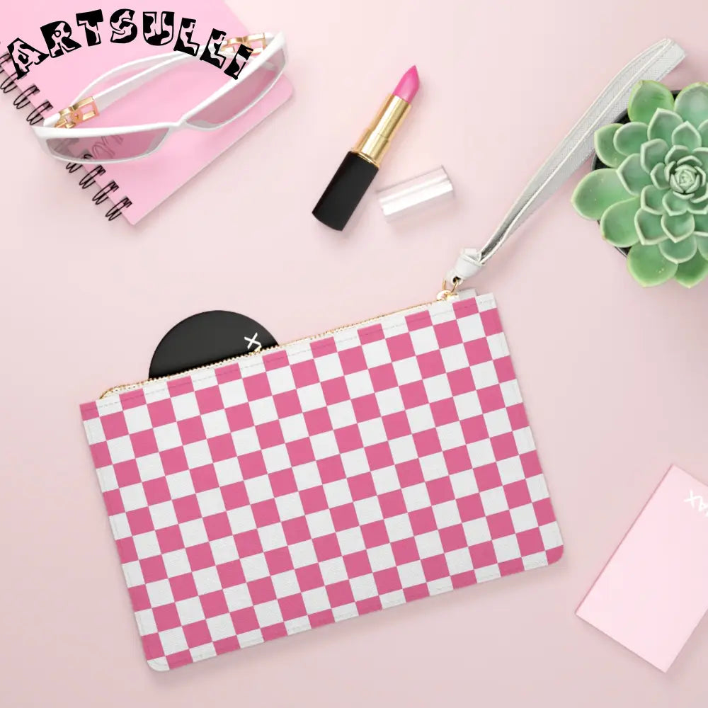 JAKKOUTTHEBXX Pink Checkered Clutch Bag with Saffiano Illustration Finish 2025
