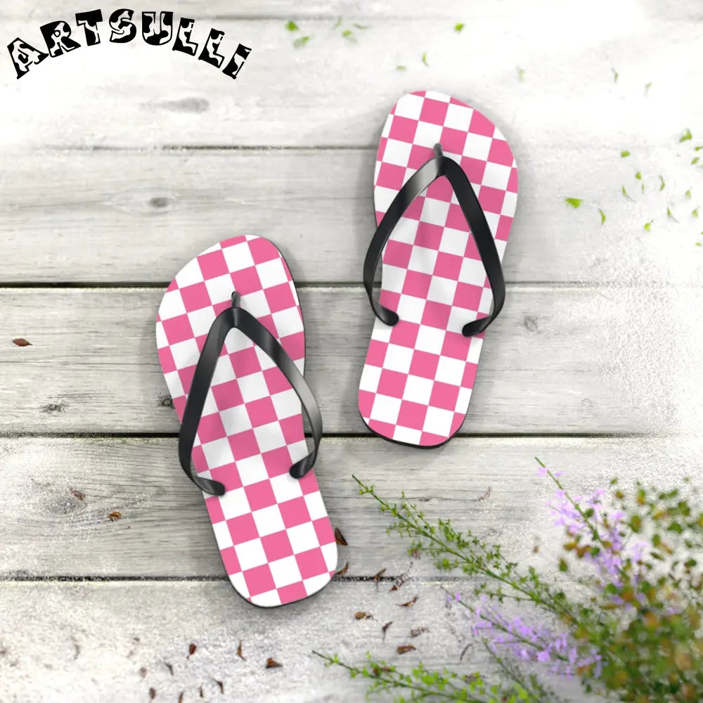 JAKKOUTTHEBXX Pink and White Checkered Flip Flops 2025