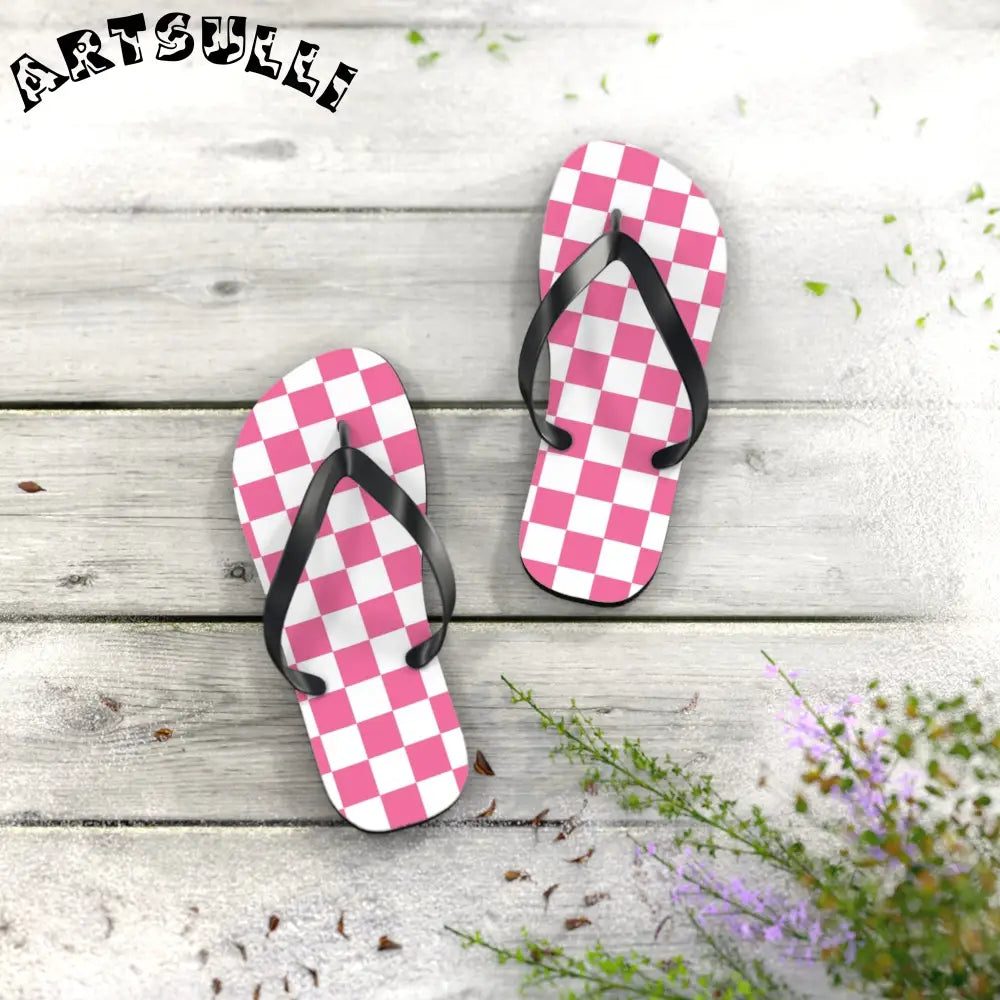 JAKKOUTTHEBXX Pink and White Checkered Flip Flops 2025