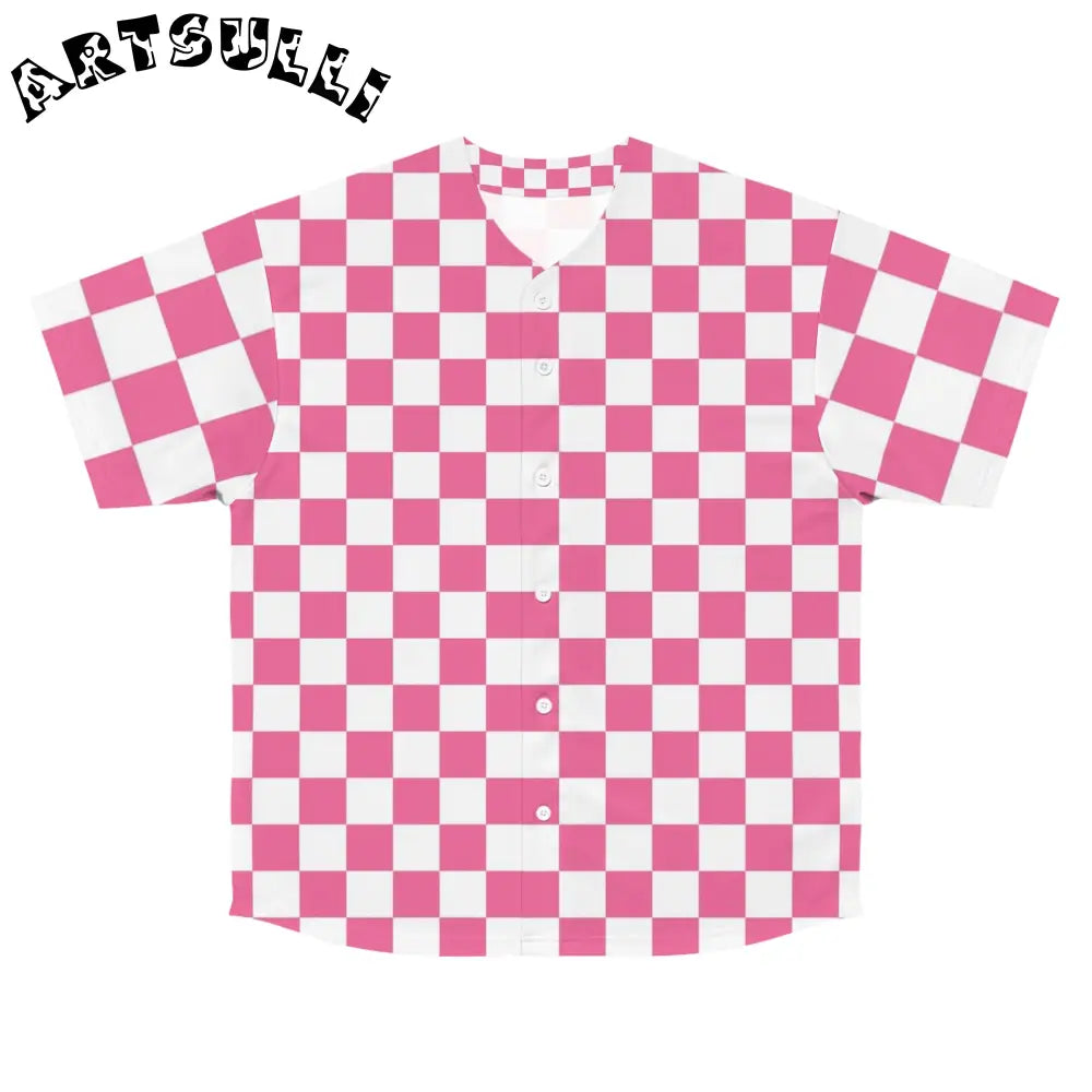 Yuyushiki Pink Check Men's Baseball Jersey (AOP), Artsulli - Art is Long, Life is Short, All Over Prints, Size, S, Color, Seam thread color automatically matched to design, , , 76793233816678805375