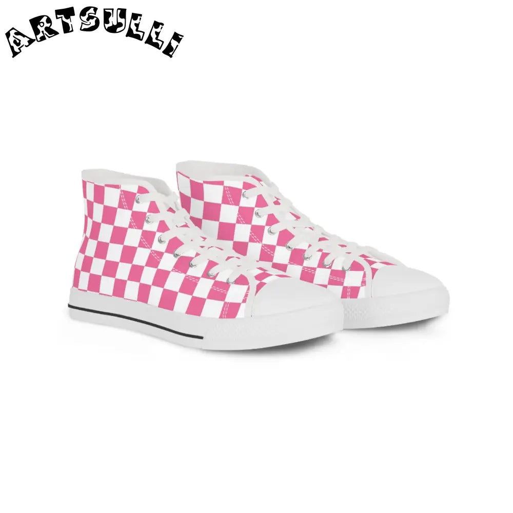 Yuyushiki Pink Check Men's High Top Sneakers, Artsulli - Art is Long, Life is Short, Shoes, Size, US 5, Color, White sole, , , 24340451001453822064