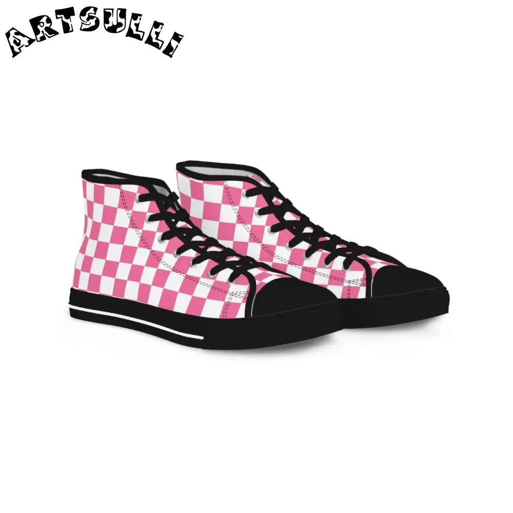 Yuyushiki Pink Check Men's High Top Sneakers, Artsulli - Art is Long, Life is Short, Shoes, Size, US 5, Color, Black sole, , , 29016348434035935375