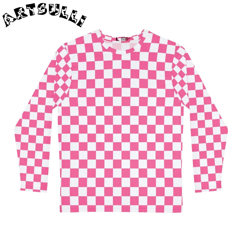 Yuyushiki Pink Check Men's Long Sleeve Shirt (AOP), Artsulli - Art is Long, Life is Short, All Over Prints, Size, XS, , , , , 25738016114323038337