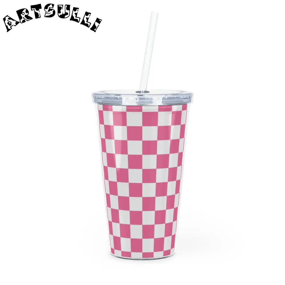 Yuyushiki Pink Check Plastic Tumbler with Straw, Artsulli - Art is Long, Life is Short, Mug, Size, 20oz, Color, Transparent, , , 85028887623930386181